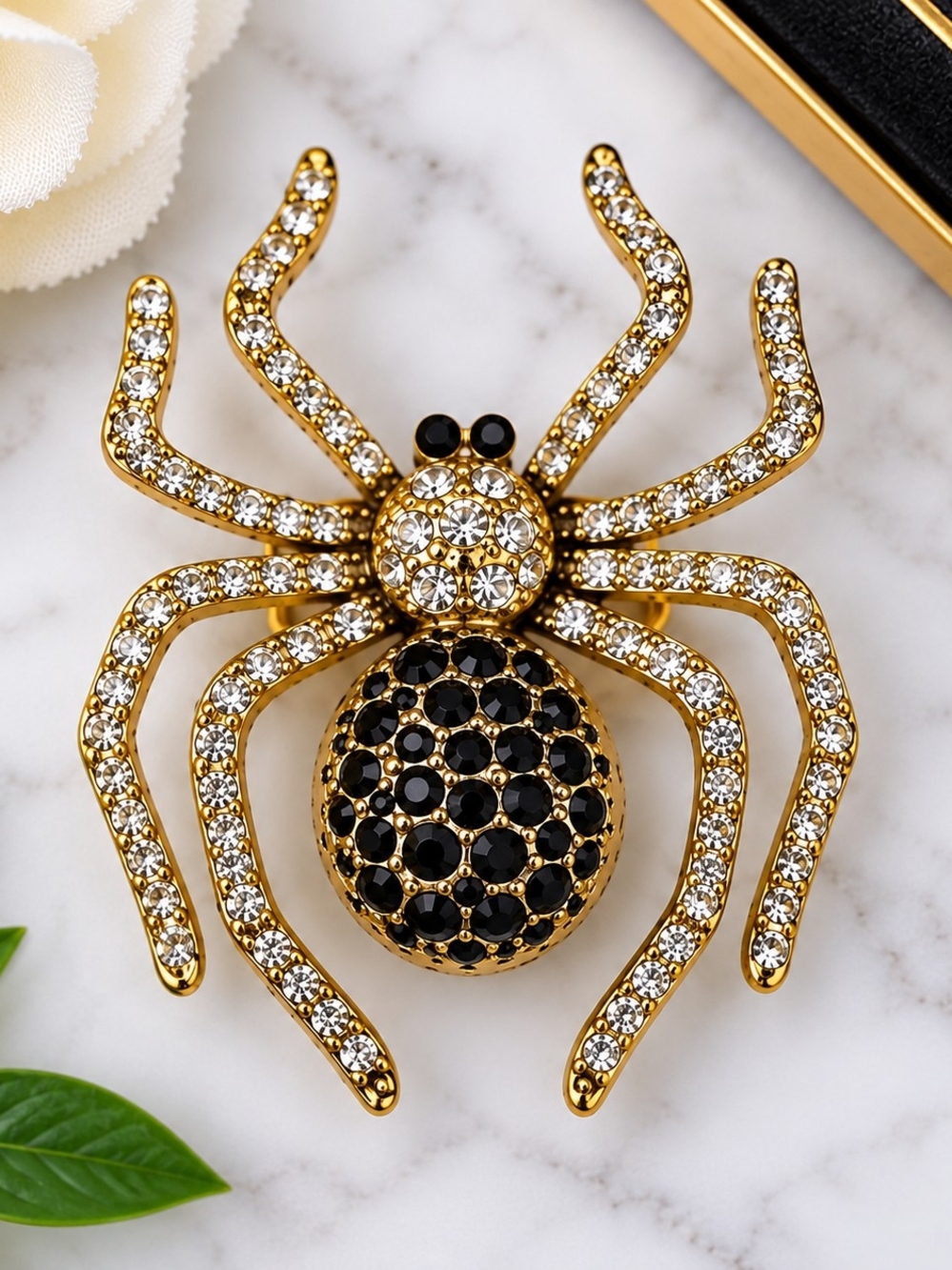 Gold-tone Black & Clear Crystal Spider Brooch - Women Jewelry